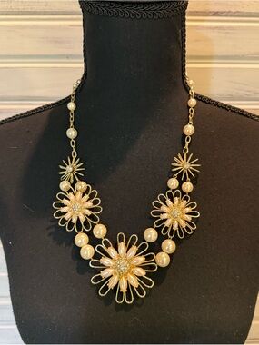 Gold Floral Pearl Statement Necklace - Women Jewelry